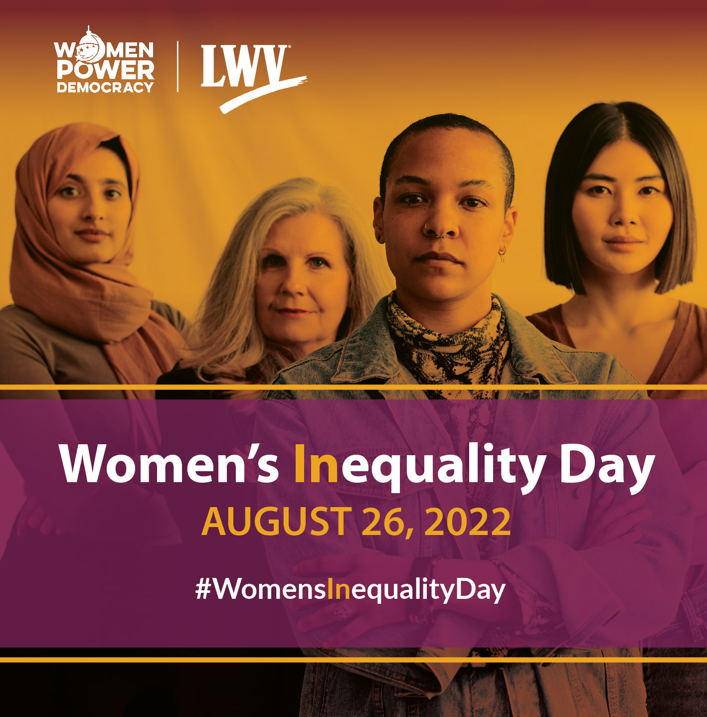 Four women facing camera with Womens Inequality Day text overlay