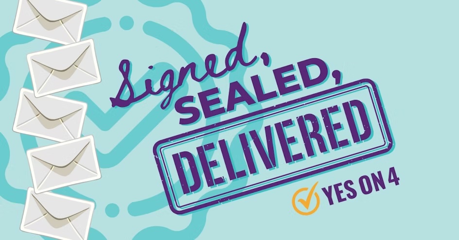 Signed sealed and delivered text with envelope graphics on a teal background