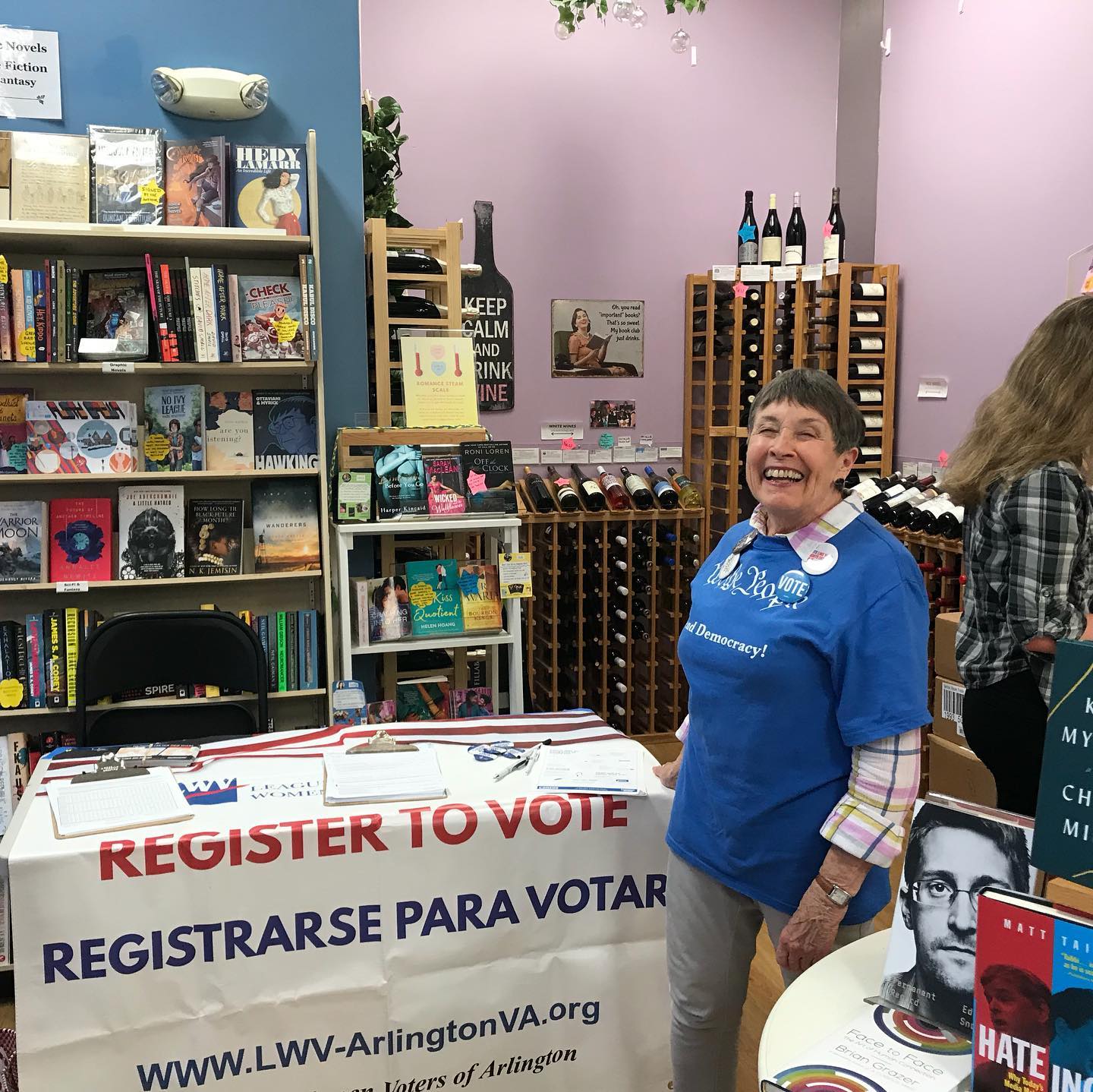 Ann Sharp staffing our table at One More Page Bookstore for banned book week - 9/28/2019
