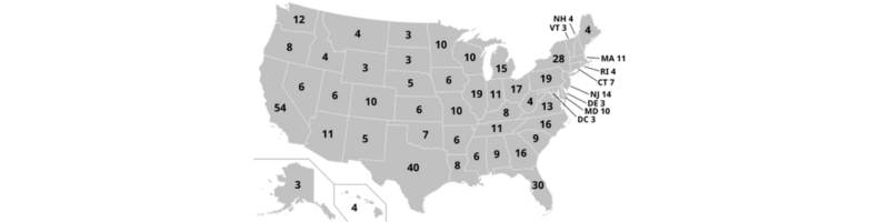 map of the united states showing the number of electoral college votes for each state