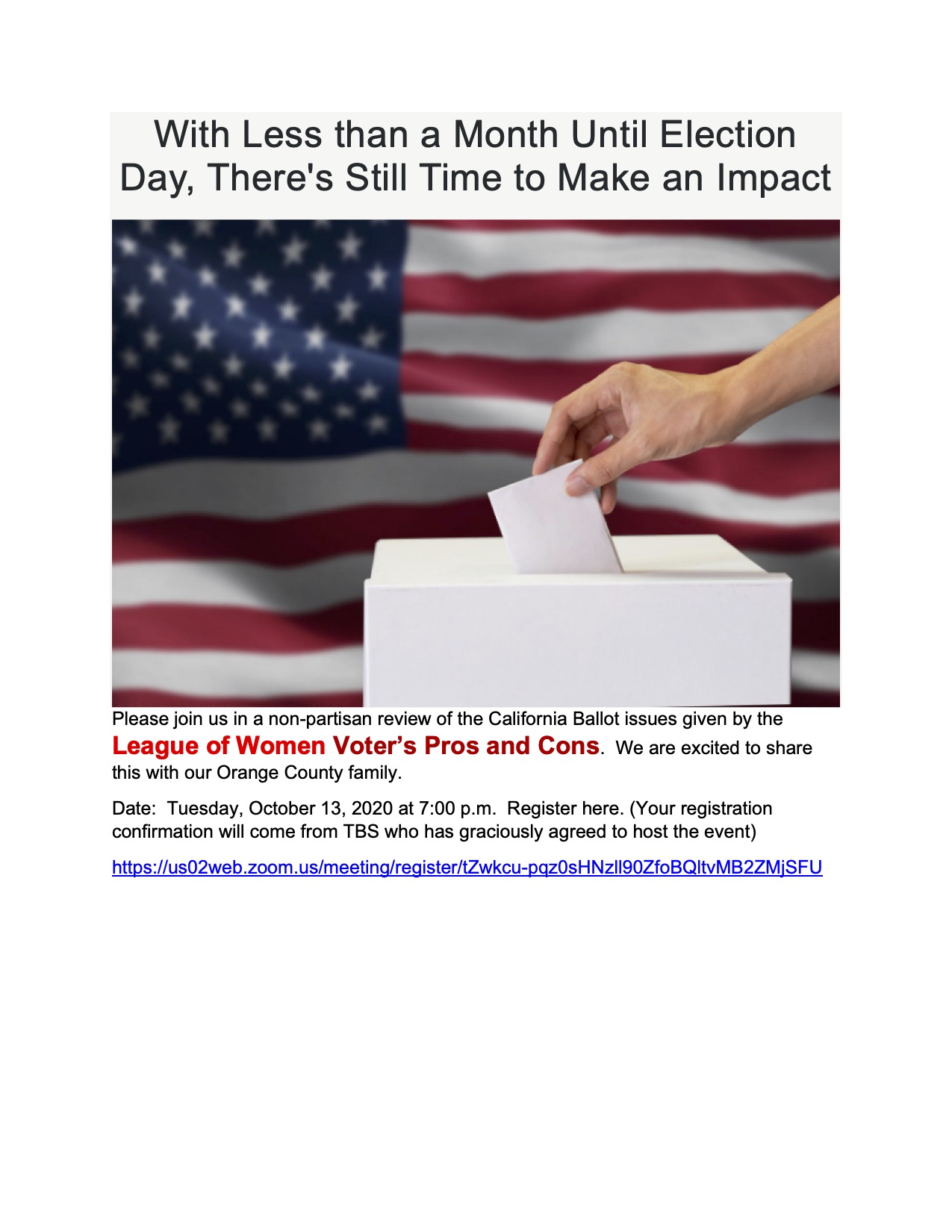 With Less than a Month Until Election Day, There's Still Time to make an Impact Pros & Cons by League of Women Voters for November 3, 2020 election
