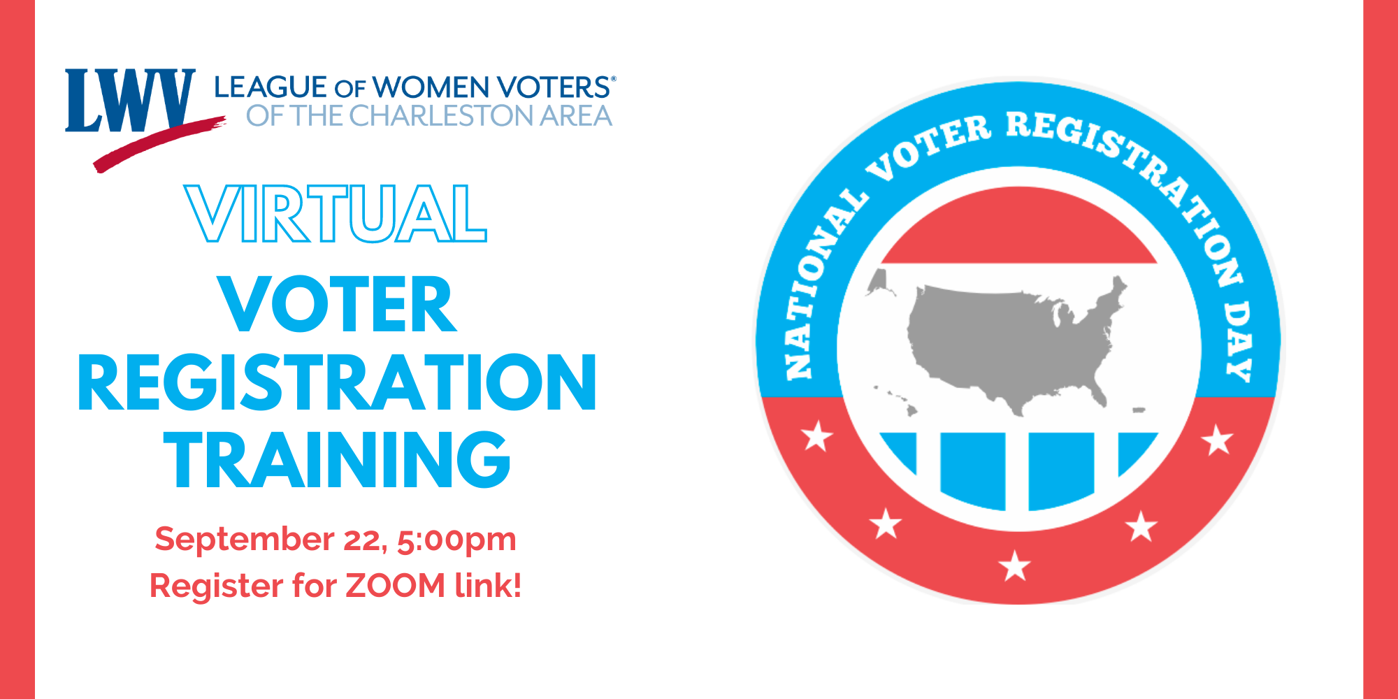 Voter Registration Training graphic, virtual event on September 22 at 5:00 pm