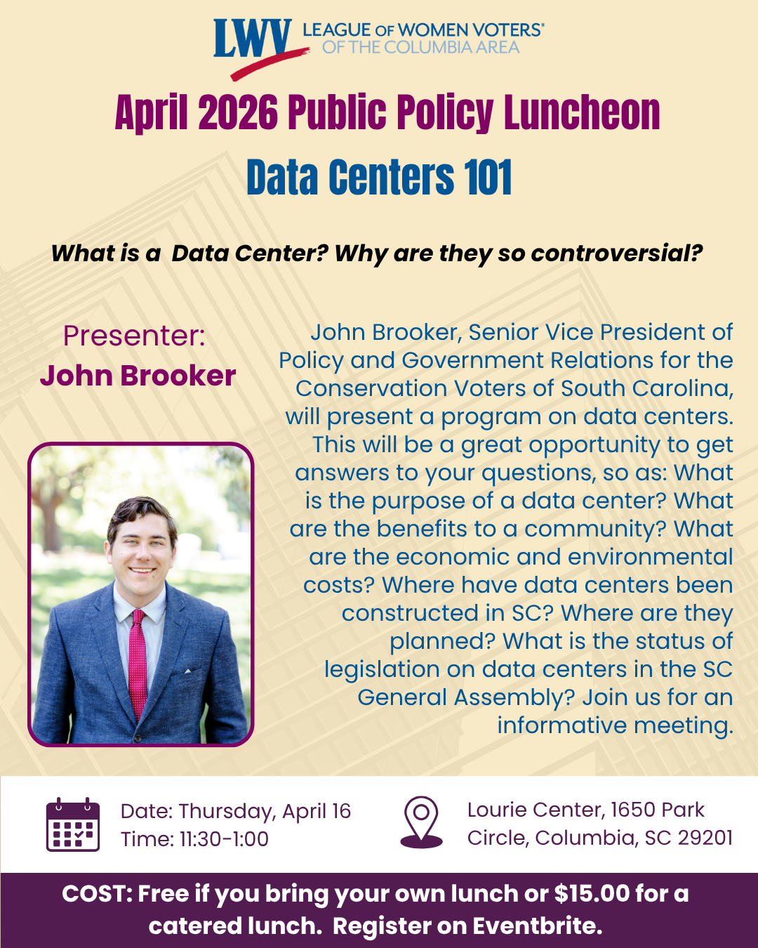 flyer for April 2026 public policy luncheon, titled Data Centers 101 with John Brooker