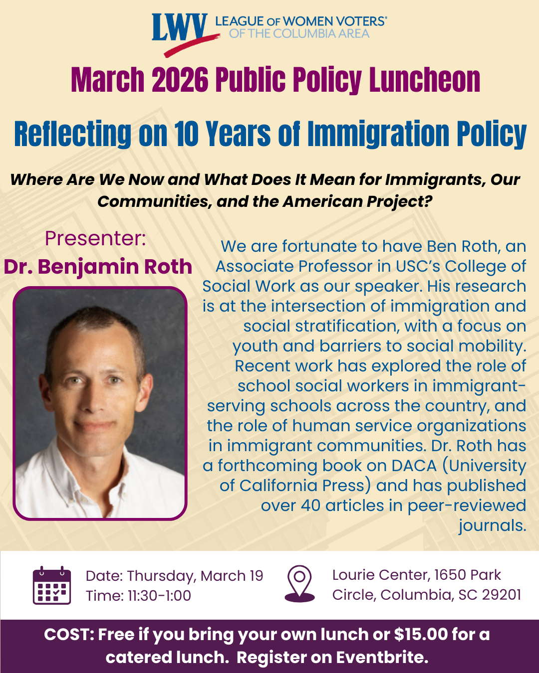 march public policy luncheon flyer w/ headshot of speaker