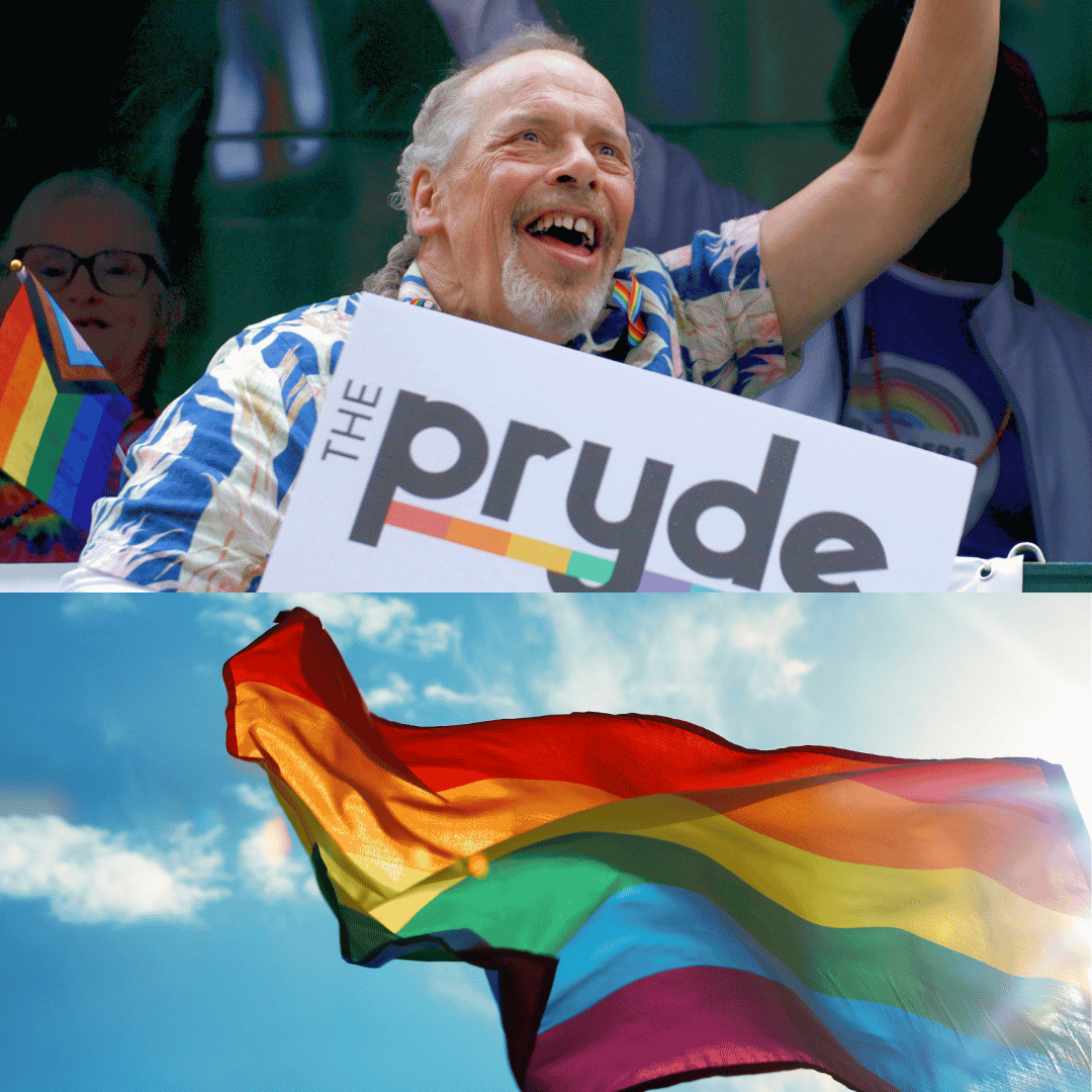 Man holding a sign saying "Pryde" and a Pride flag