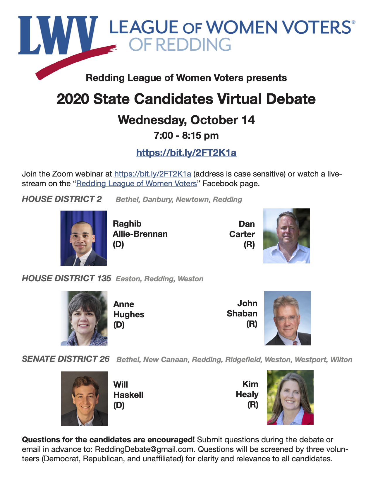 League of Women Voters of Redding Candidate Debate Flyer for October 14 2020