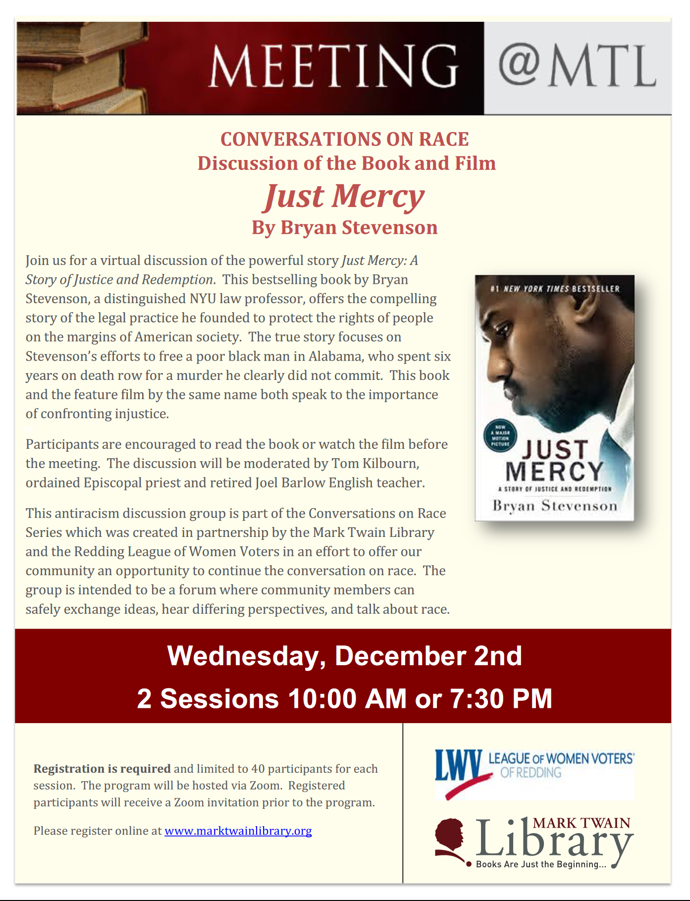 Conversations on Race Just Mercy Virtual Event Flyer December 2 2020