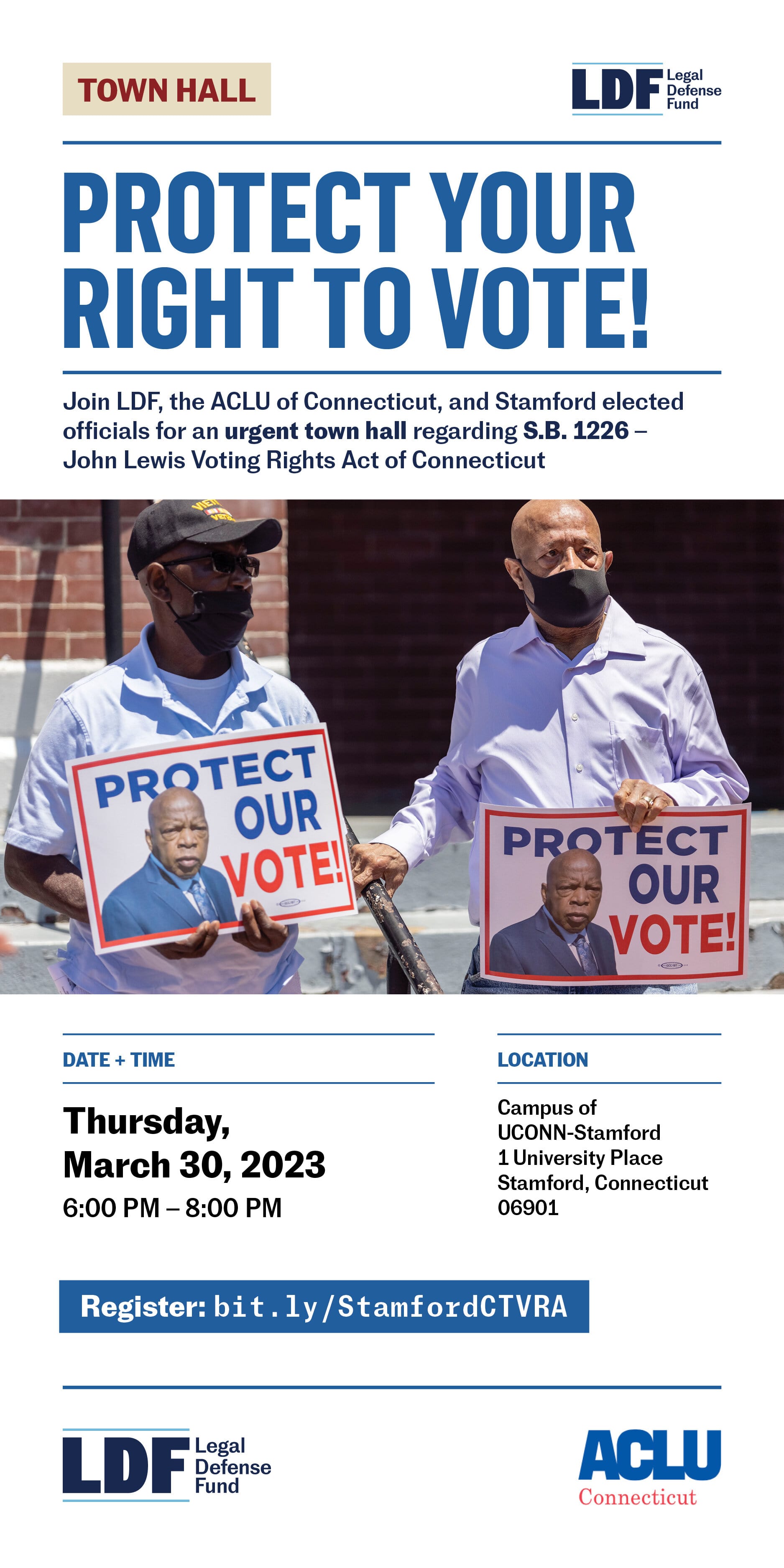 Event for voting rights town hall with two men wearing face masks holding signs that say "protect your vote" with an image of the late Senator John Lewis