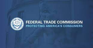 Federal Trade Commission logo over a blue background with an image of a statue and building behind the blue