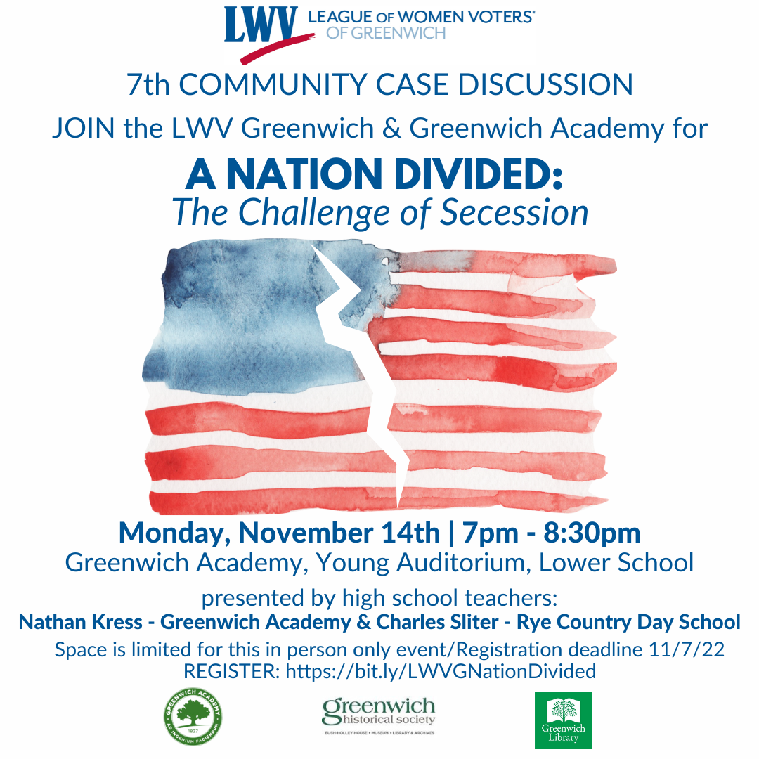 flyer with an image of a broken american flag for lwv greenwich event on secession