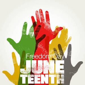 Hands in yellow, red, green and black reaching upward. white text which reads: freedom day Juneteenth