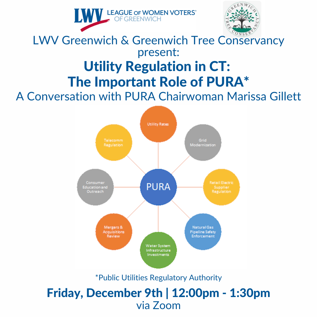 flyer for LWV Greenwich utility regulation event