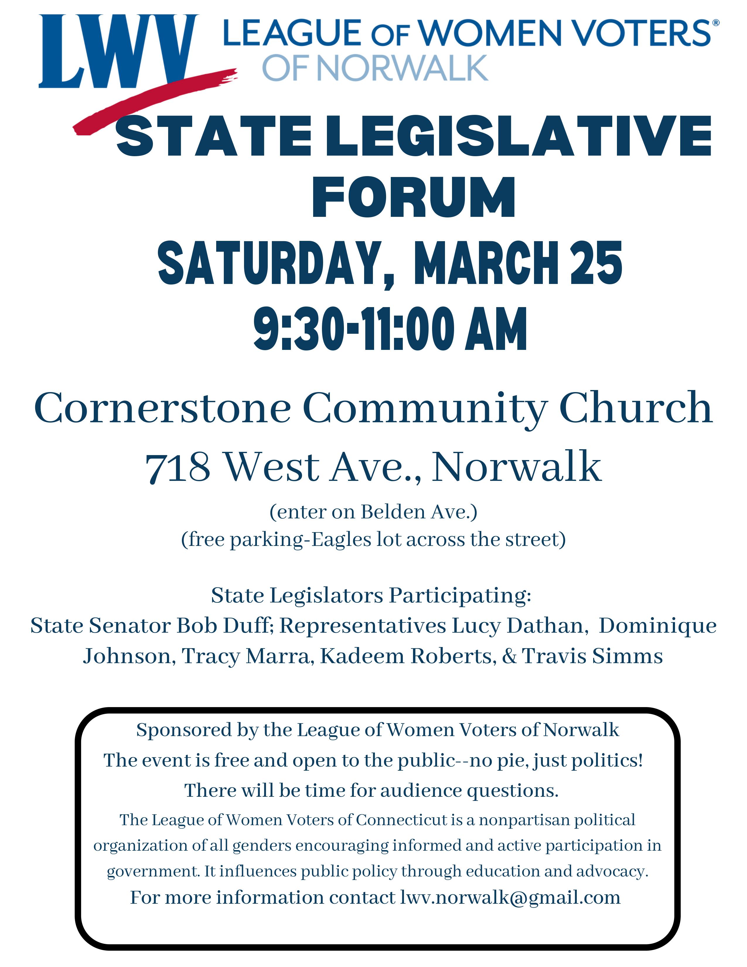 Flyer for lwv norwalk legislative forum event