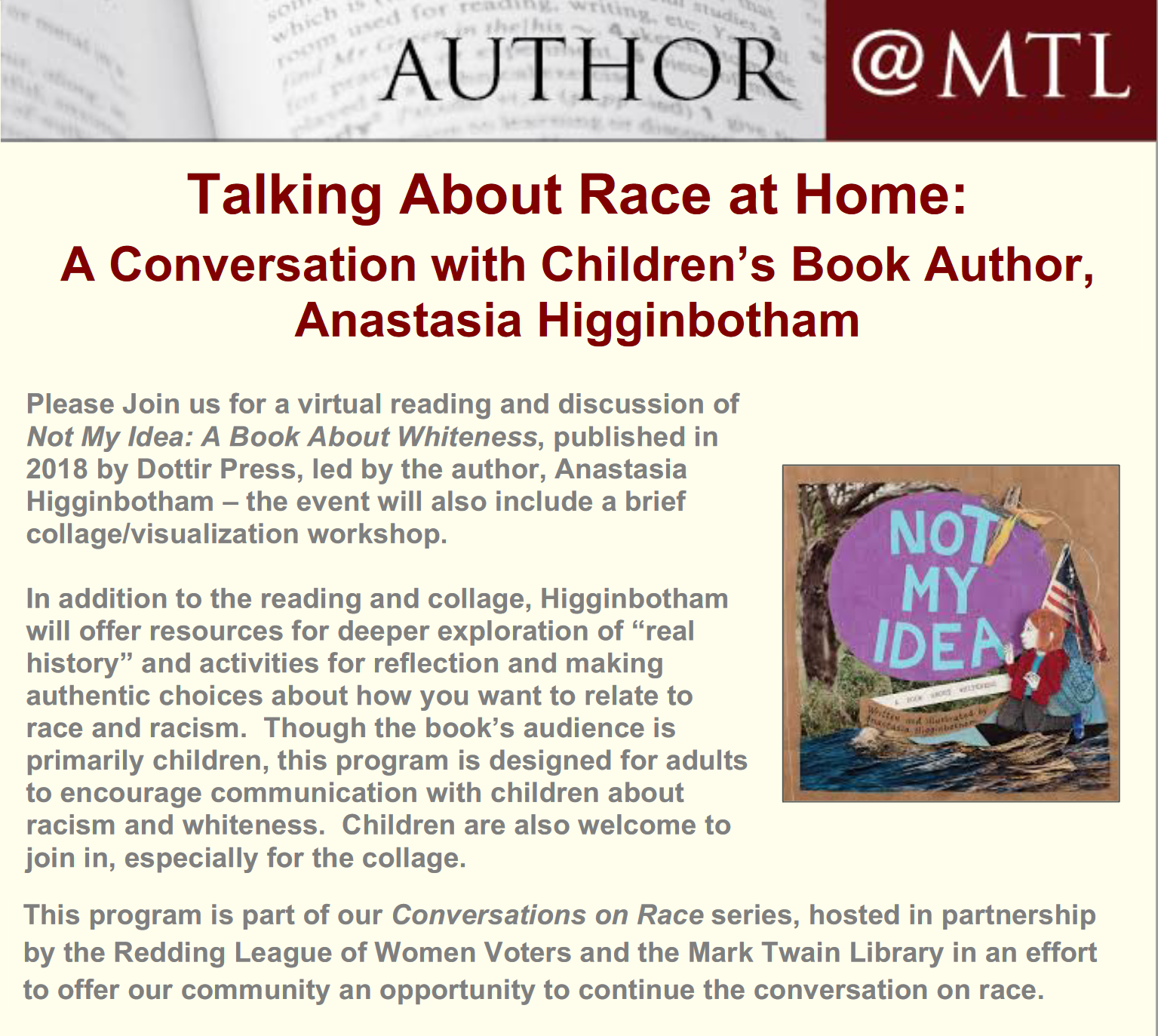 LWV Redding and Mark Twain Library Event Flyer: Talking About Race at Home