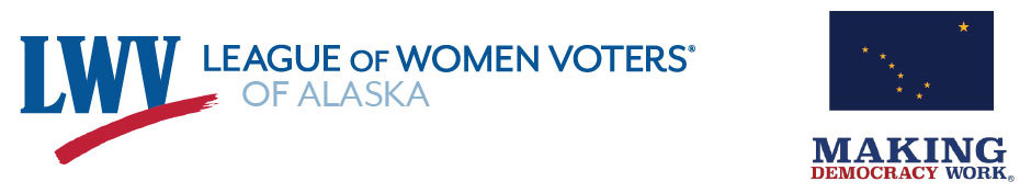 LWV Alaska logo in color with alaska flag to the right. Under the flag it says "making democracy work"