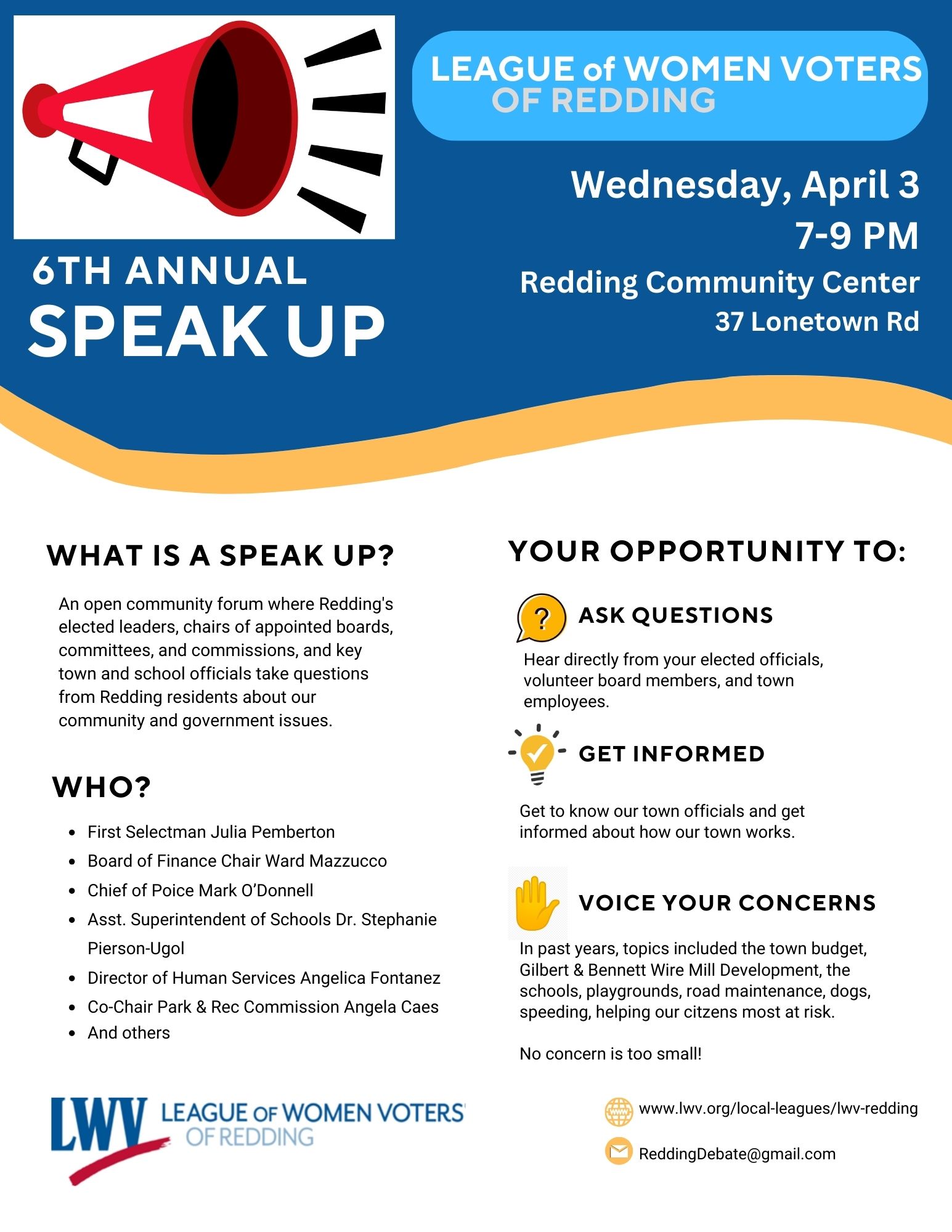 image of a flyer for the LWV Redding Speak Up event April 2024