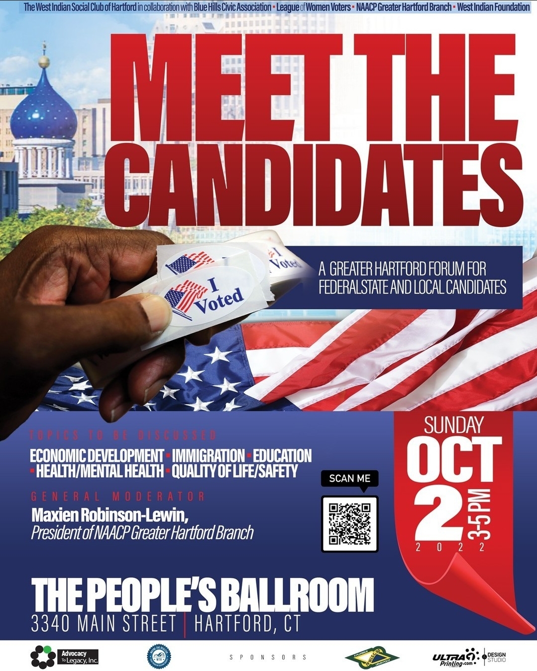 Meet the Candidates flyer for the CT Old Statehouse event on Oct 2. Hand holding "I Voted" stickers in front of American flag.