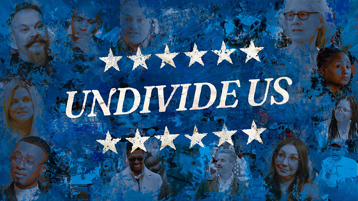 text "undivide us" on a blue background