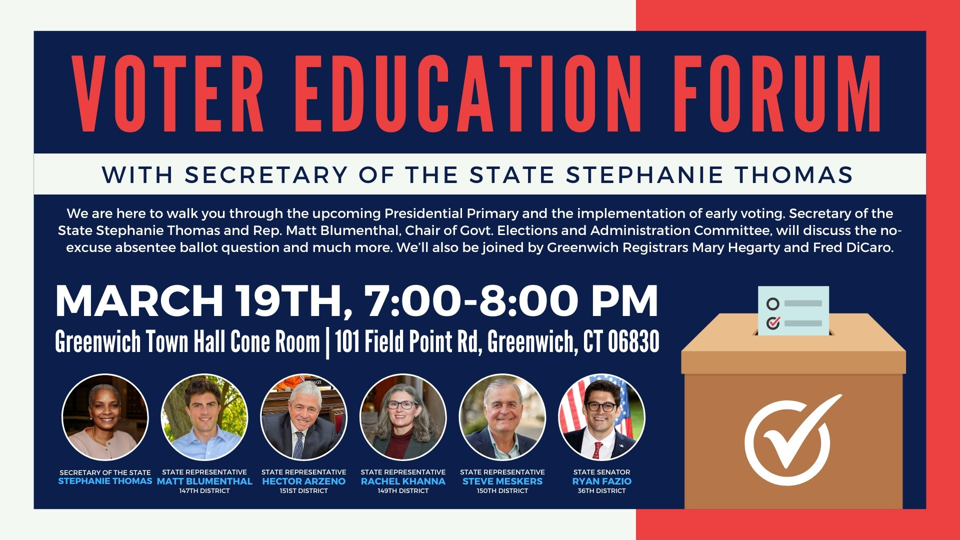 graphic with information about a voter education forum hosted by LWV of Greenwich