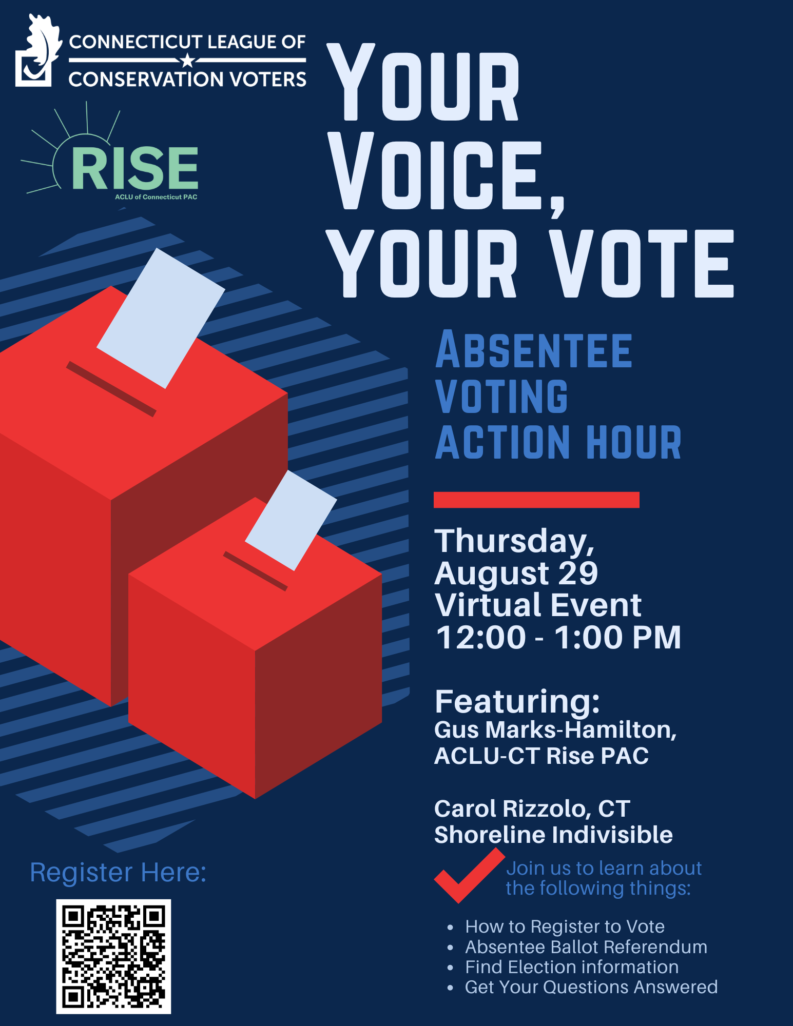 red and blue graphic with text details about your voice your vote event on August 29th 2024