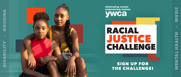YWCA racial justice challenge graphic with image of two young women sitting side by side