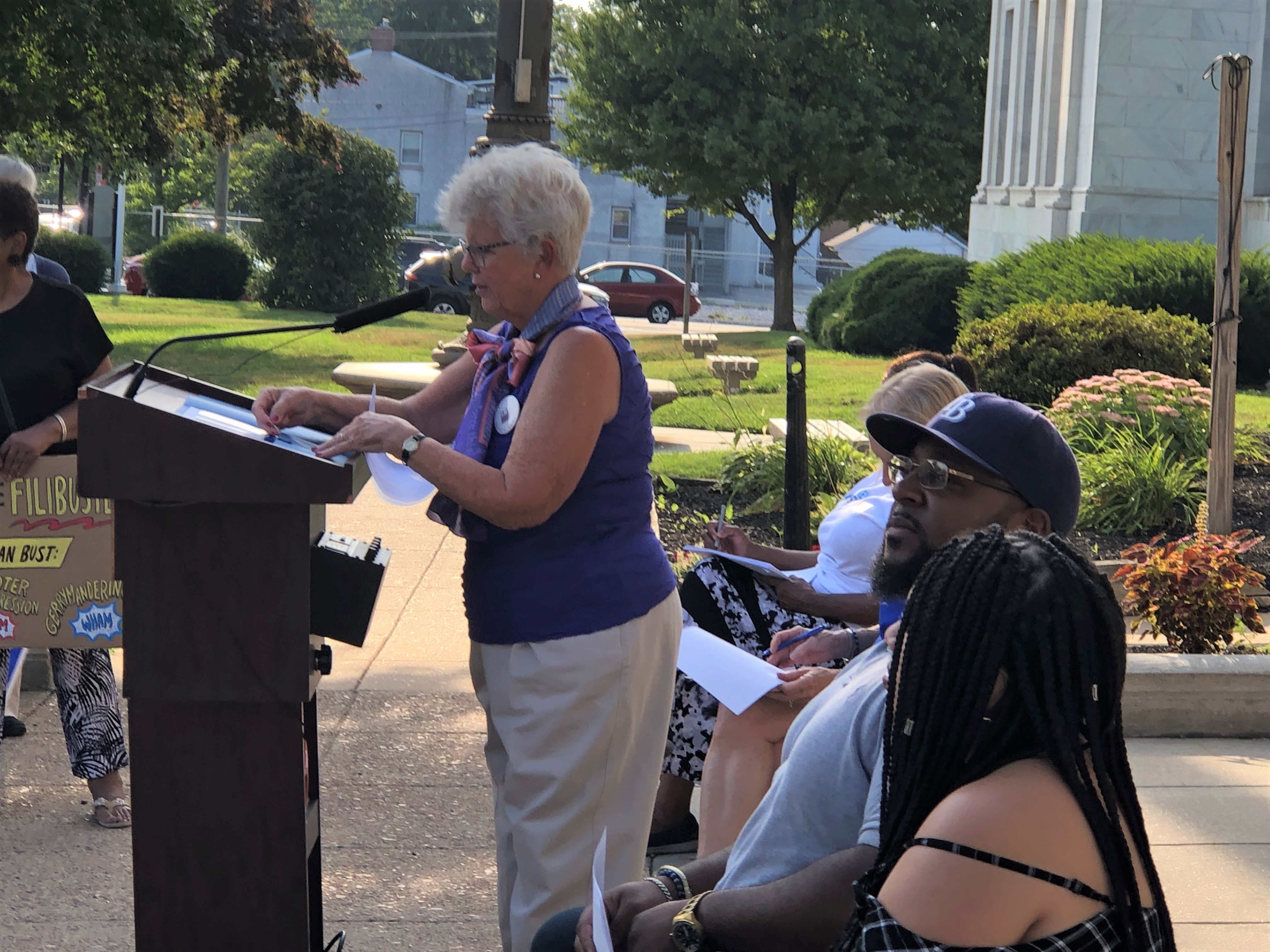 Delaware County LWV President Olivia Thorne at Voting Rights Rally