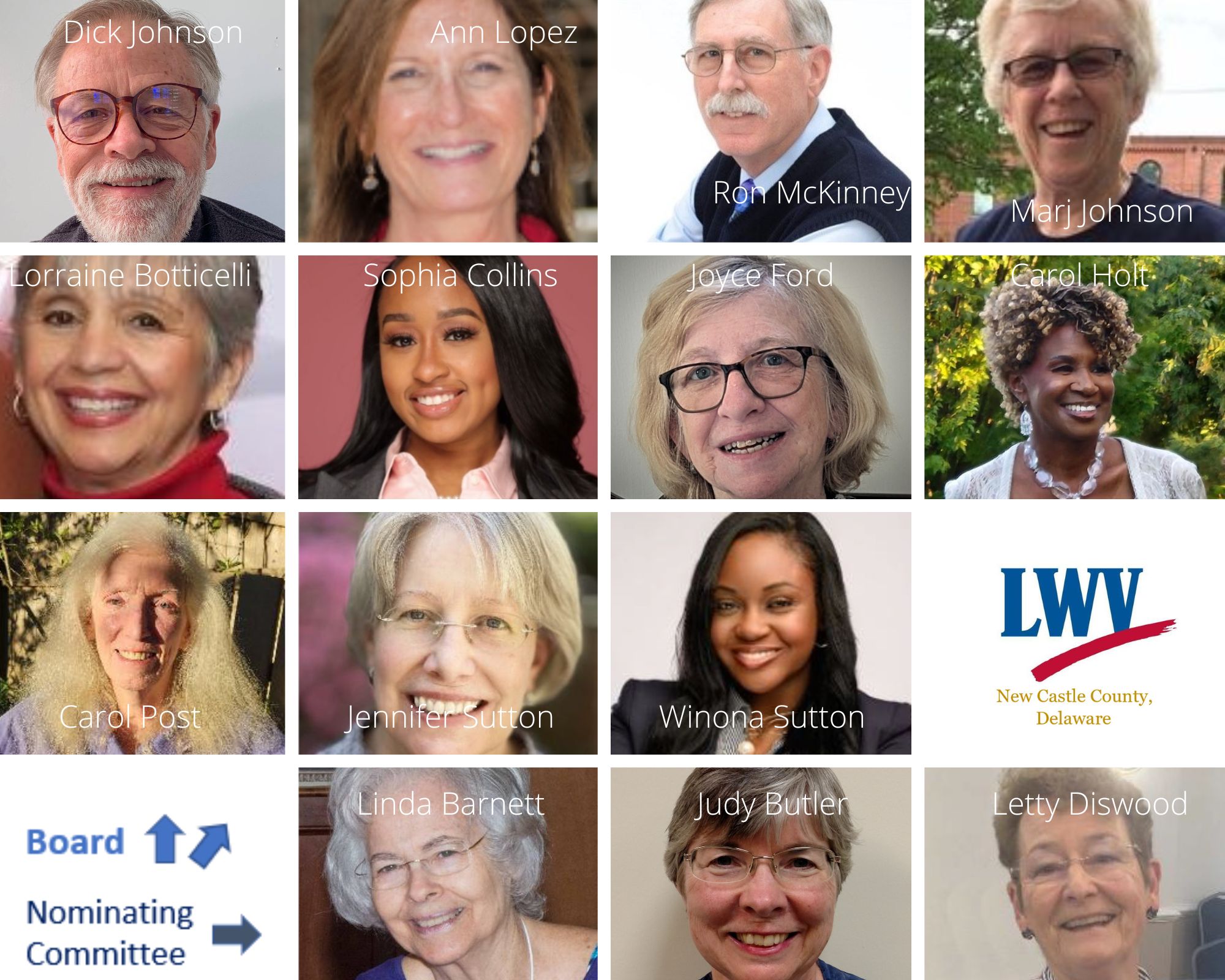 photos of twelve individual LWVNCC 2026 board or nominating committee members are shown in a grid pattern