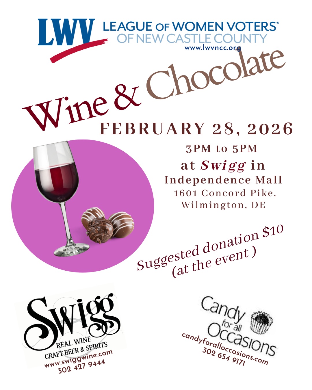 LWVNCC Wine & Chocolate February 28, 2026 3pm to 5pm at Swigg in Independence Mall.