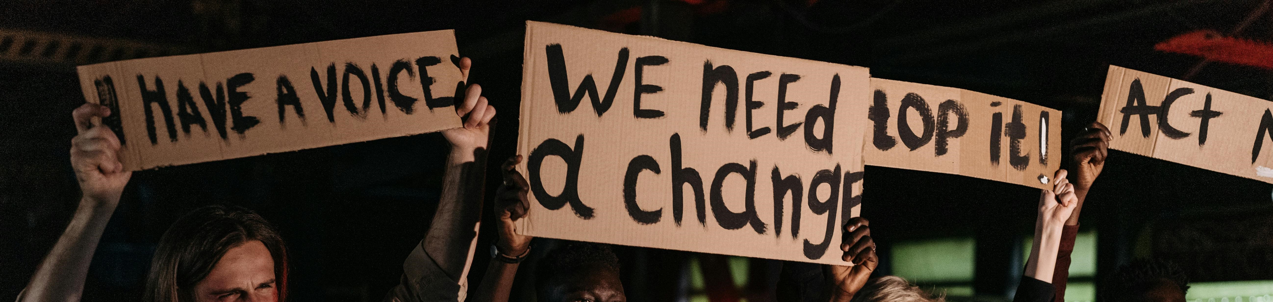 Photo by Pavel Danilyuk: https://www.pexels.com/photo/a-group-of-people-holding-placards-8553410/ plain cardboard signs held up saying "I have a Voice," "We Need a Change," "Stop It!" and "Act Now"