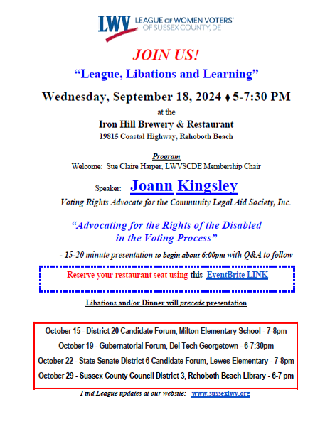 Sussex LWV League Libations and Learning September 18 features Joann Kingsley