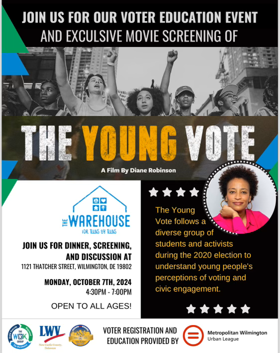 Join us for our voter education event and exclusive movie screening of "The Young Vote" (date, location and details listed on graphic)