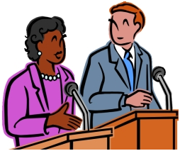 clip art of black woman and blond man at podiums