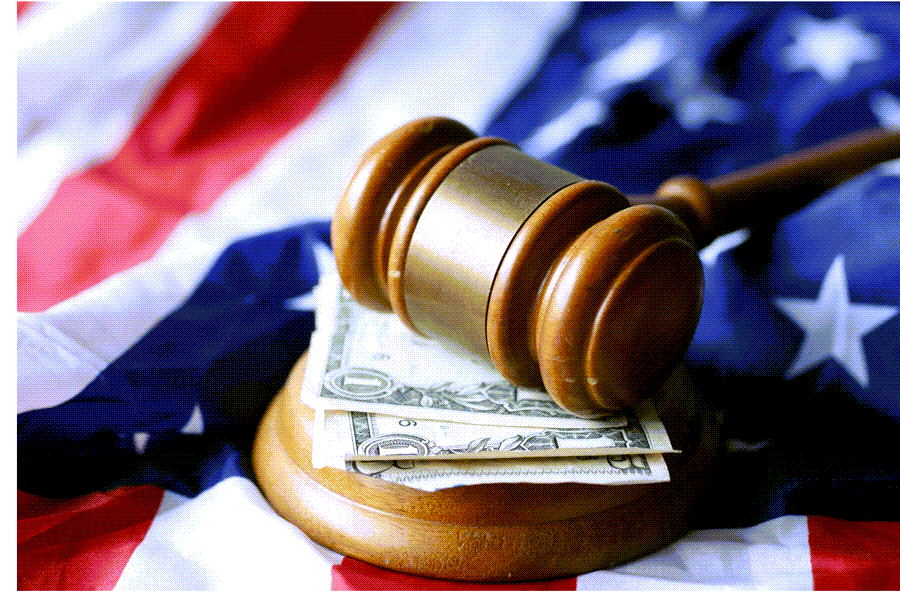 Gavel, flag and dollar bills