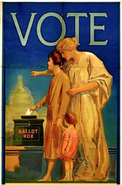 Poster with woman using ballot box, 1920s, large word VOTE at top