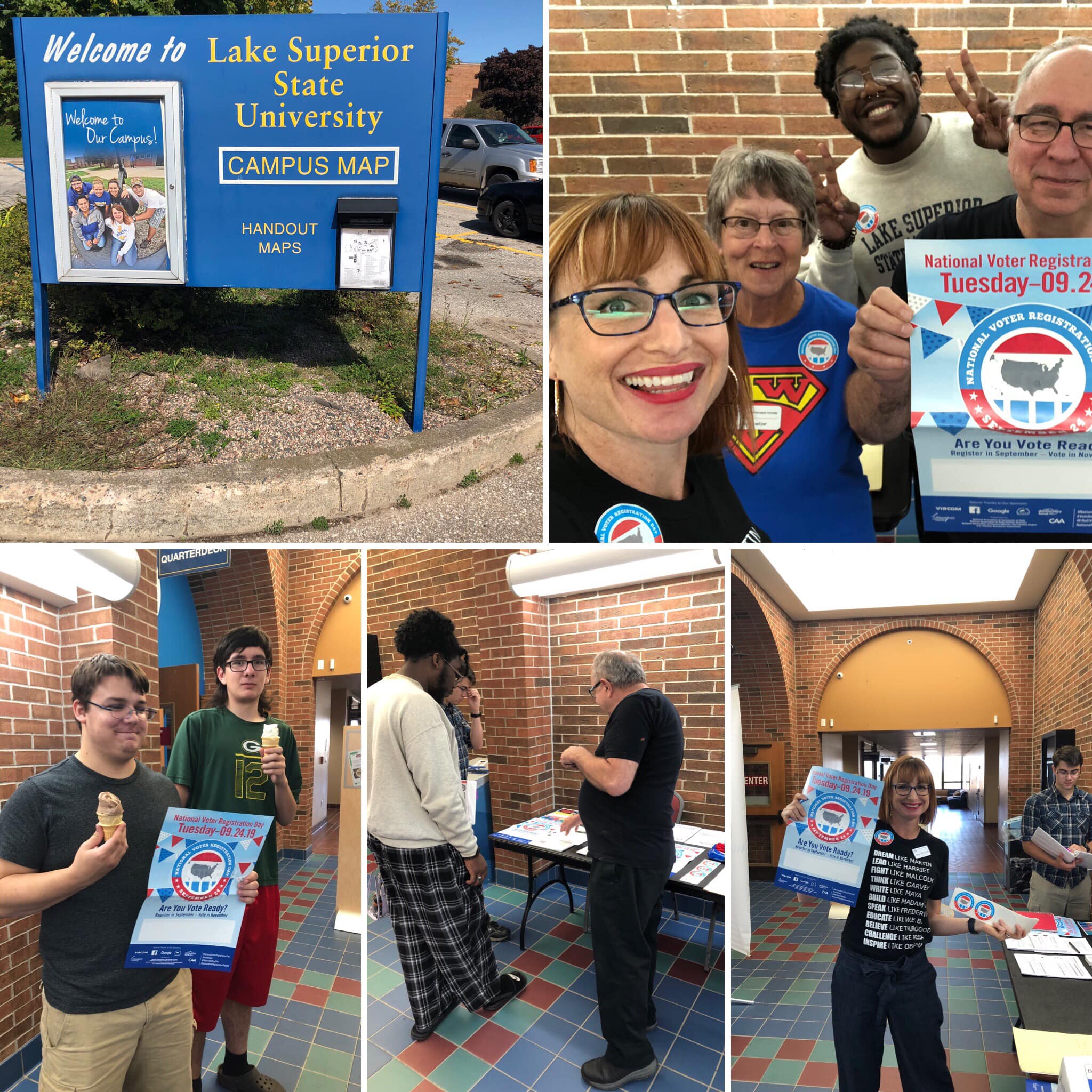 League members visited the campus of Lake Superior State University for National Voter Registration Day, League volunteers pose various students near registration table