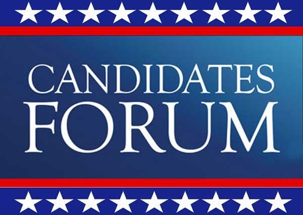 image of a red white and blue background with stars, saying "Candidate Forums 2020 League of Women Voters Oakland"