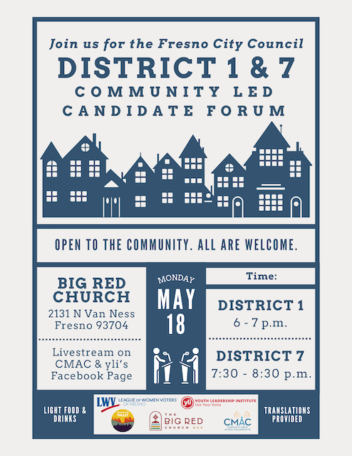 Information on Fresno City Council District 1 and 7 May 18 Candidate Forum