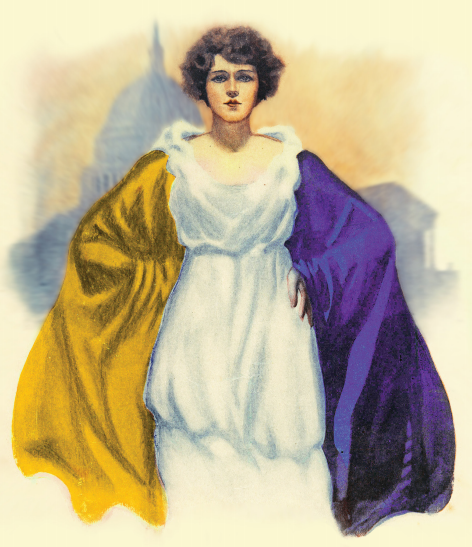 Woman with Purple & Gold flag draped on shoulders, Capitol building shadow in background (symbol of suffrage)