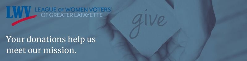 Your donations are critical to us meeting our mission to empower voters, and defend democracy. Hand outstretched to receive a cardboard square with the word "give." Blue cast.