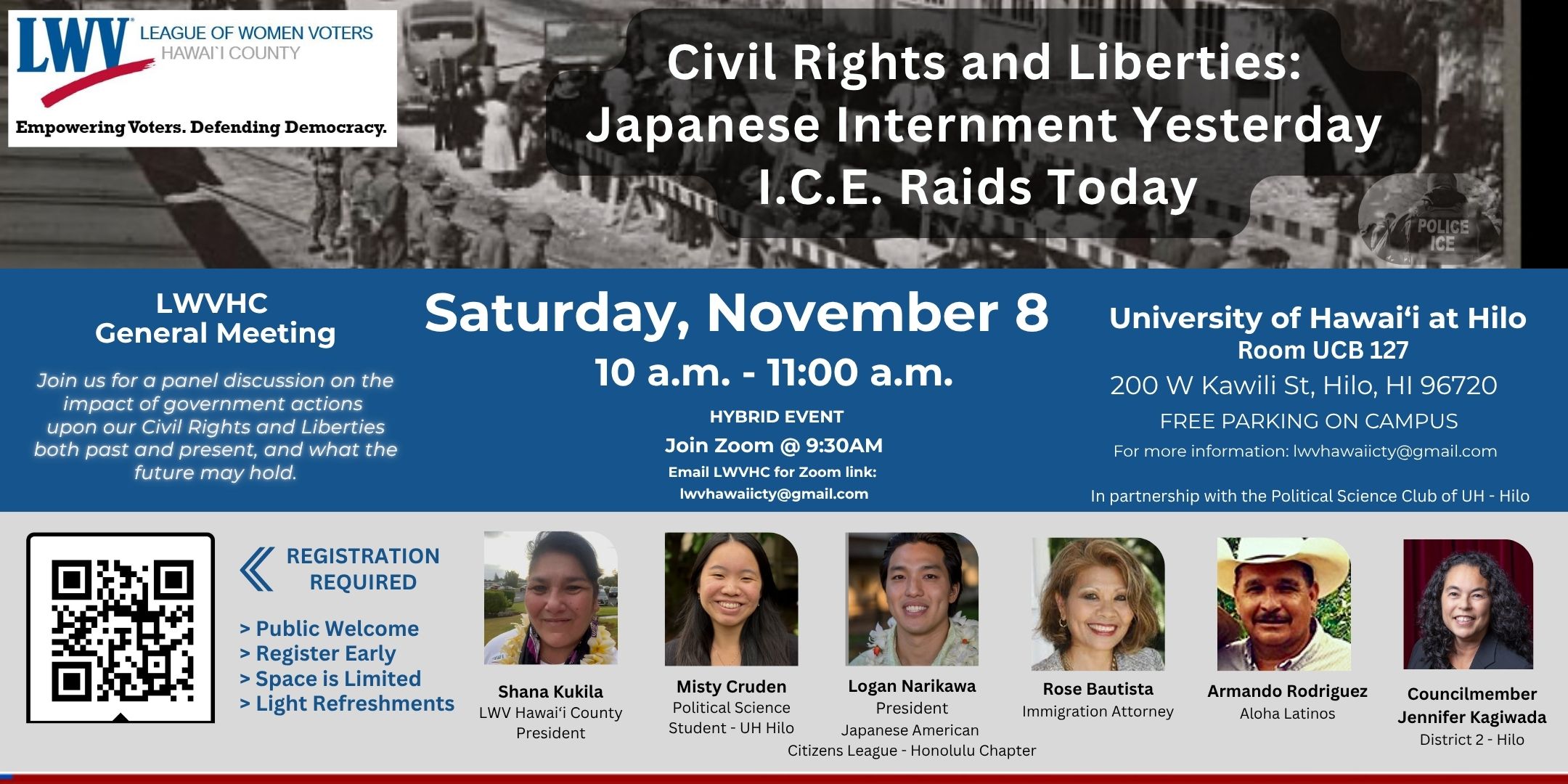 A black and white photo of people being lined up surrounded by soldiers, and the headshots of the guest speakers and moderate.