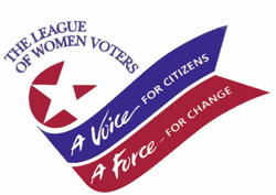 Graphic - Star with League of Women Voters above and  a sweeping bow in red and blue upon which the following text is written:  "A voice for citizens, A force for change" 