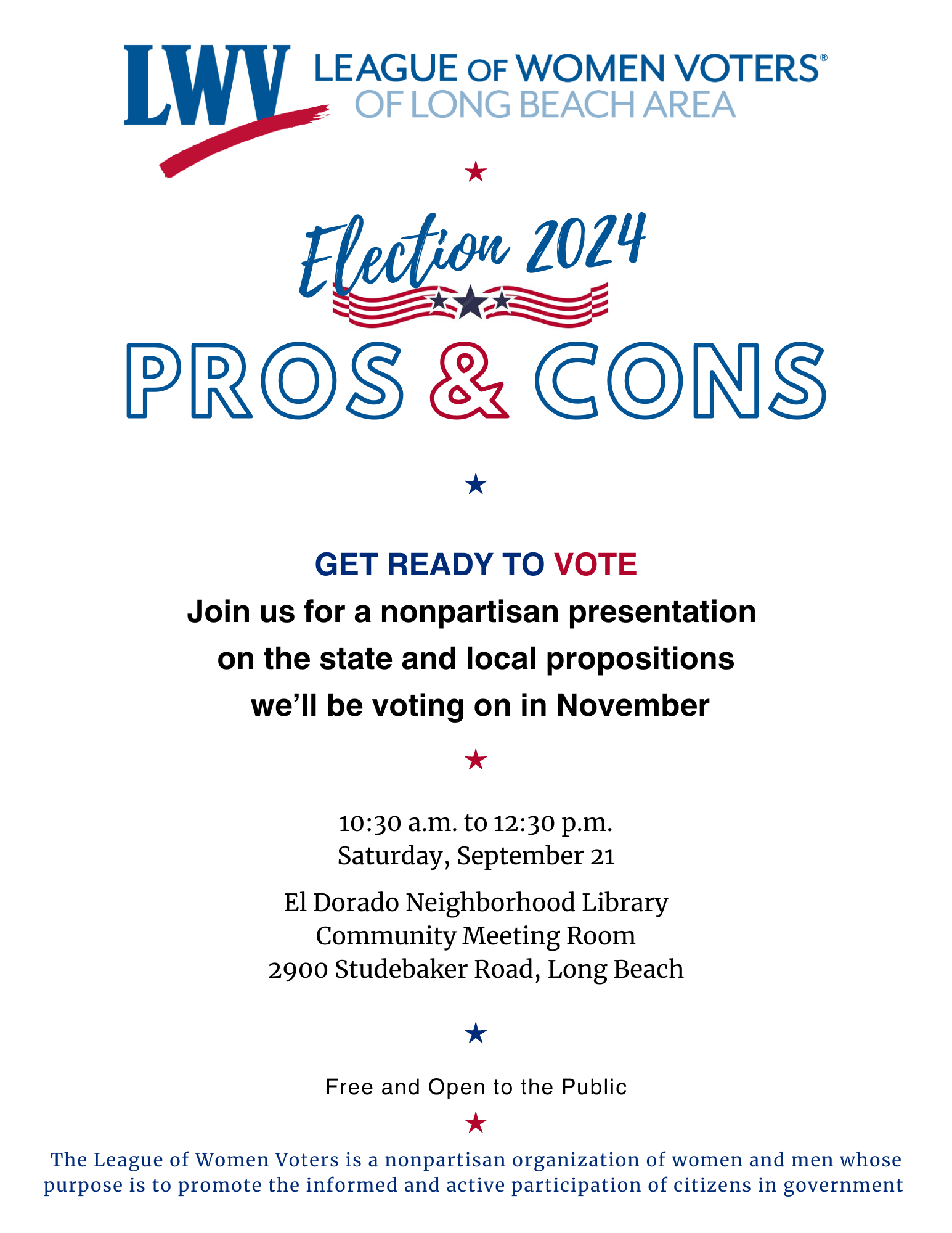 Election 2024 Pros and Cons Event Flier