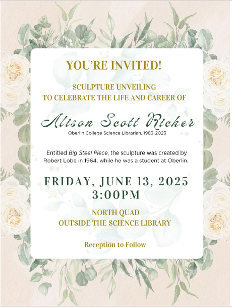 Invitation to attend the sculpture unveliling in honor of Alison Scott Ricker