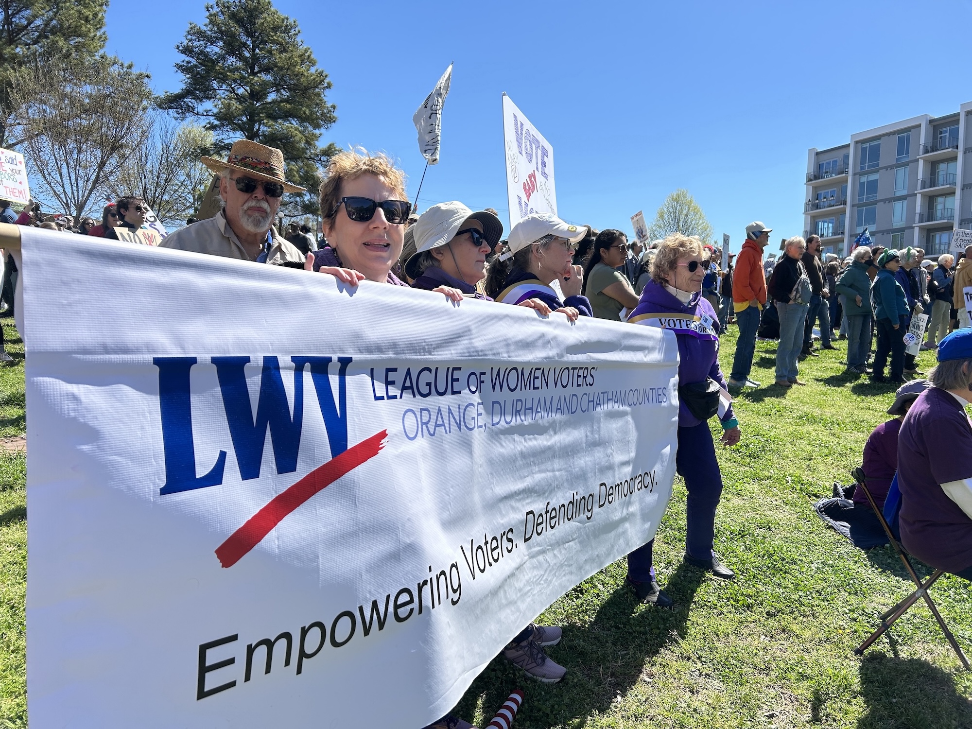 Members behind LWVODC banner at No Kings march, Mar. 28, 2026