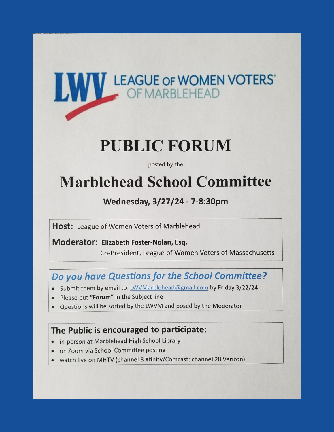 LWVM Moderates School Committee Forum, March 27, 7pm