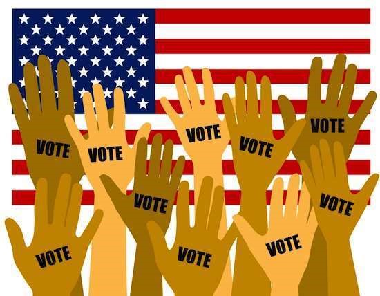 Picture of US Flag and many hands raised to vote