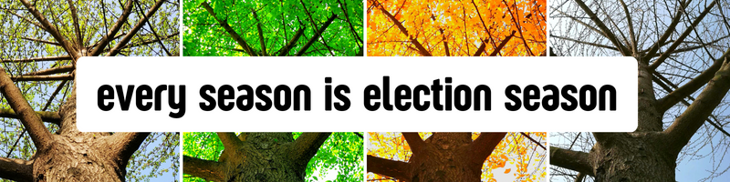 background of the same tree across all four seasons.  front text reads "every season is election season"