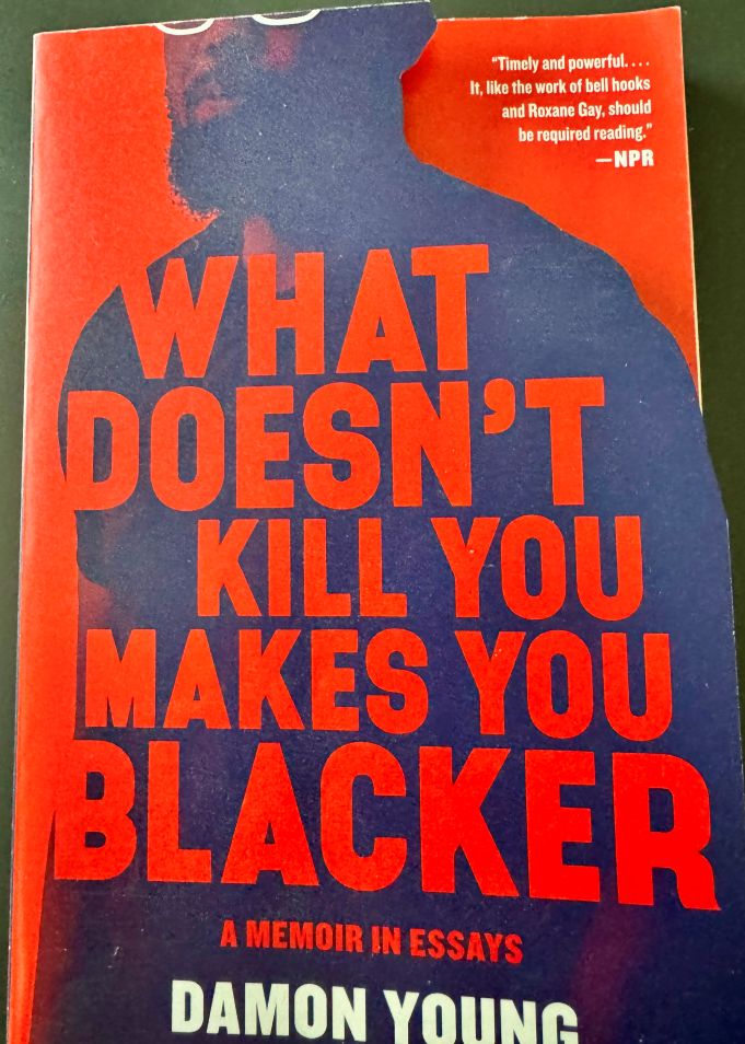 Book cover of Damon Young What Doesn't Kill You Makes You Blacker: A Memoir in Essays - Red text on black silhouette