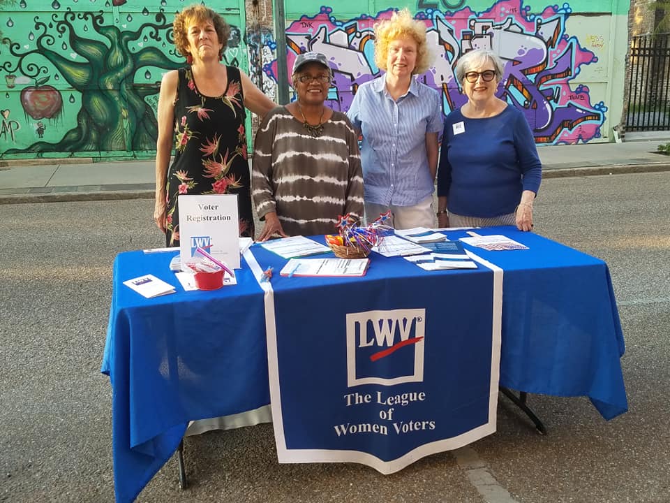 LWVM members at voter registration table - Art Walk 2019
