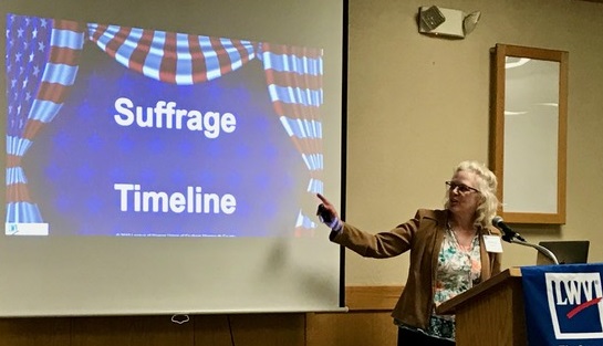 Rebecca Johnson giving the Suffrage Timeline presentation